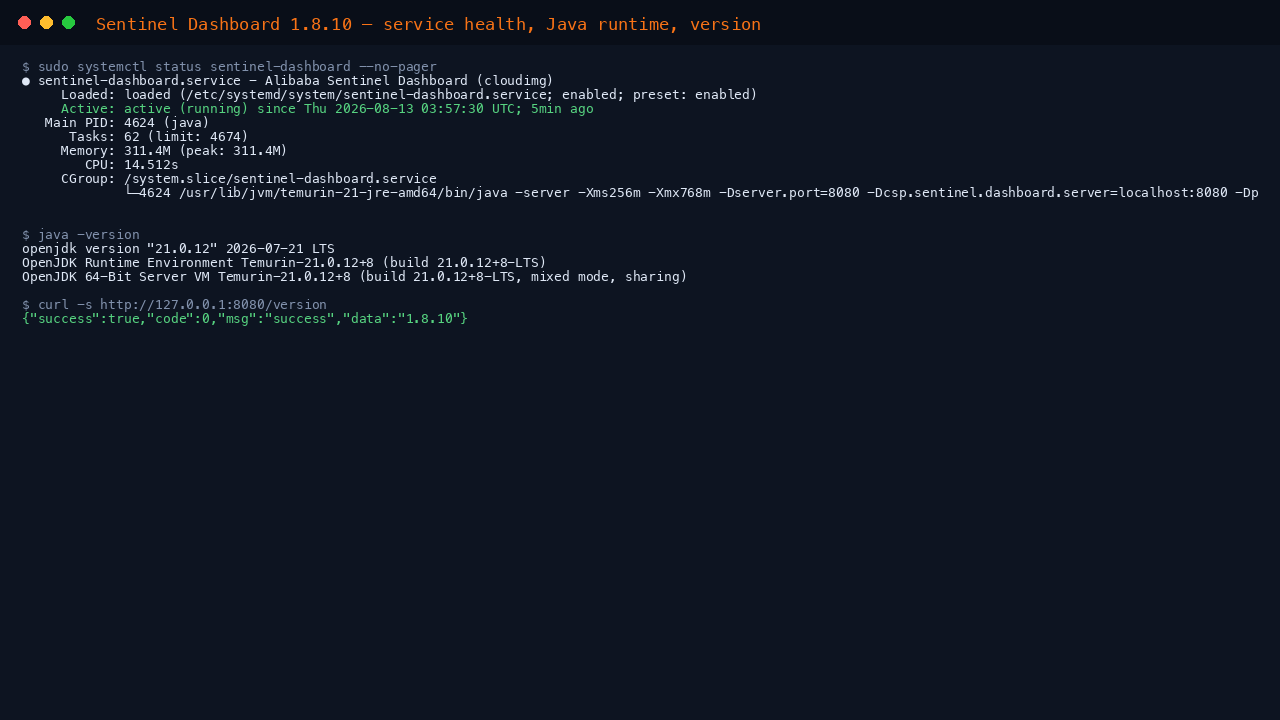 sentinel-dashboard.service active (running) on Temurin 21; /version reports 1.8.10