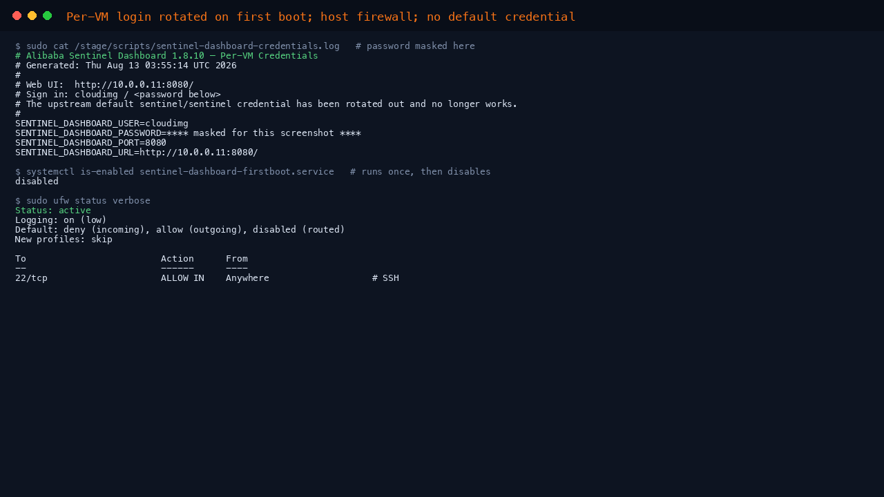 Per-VM credentials file (password masked); firstboot service disabled after running; ufw active