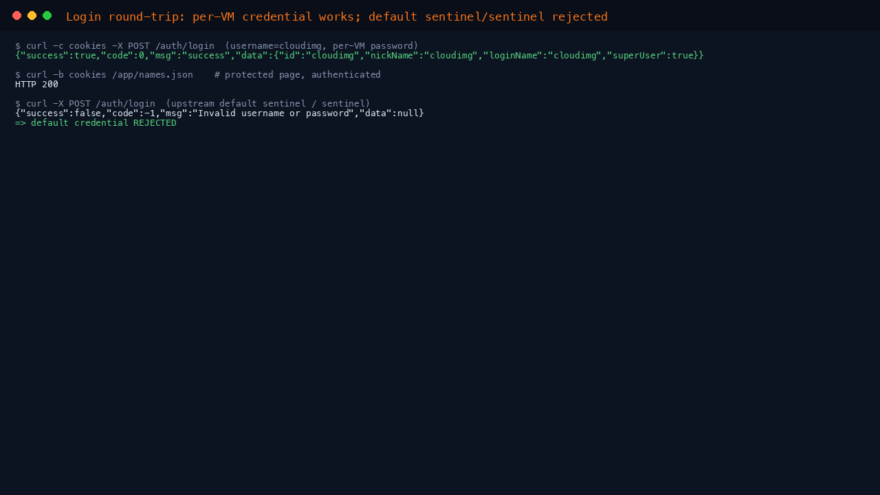 Login round-trip: per-VM credential authenticates, protected page returns 200, default sentinel/sentinel rejected