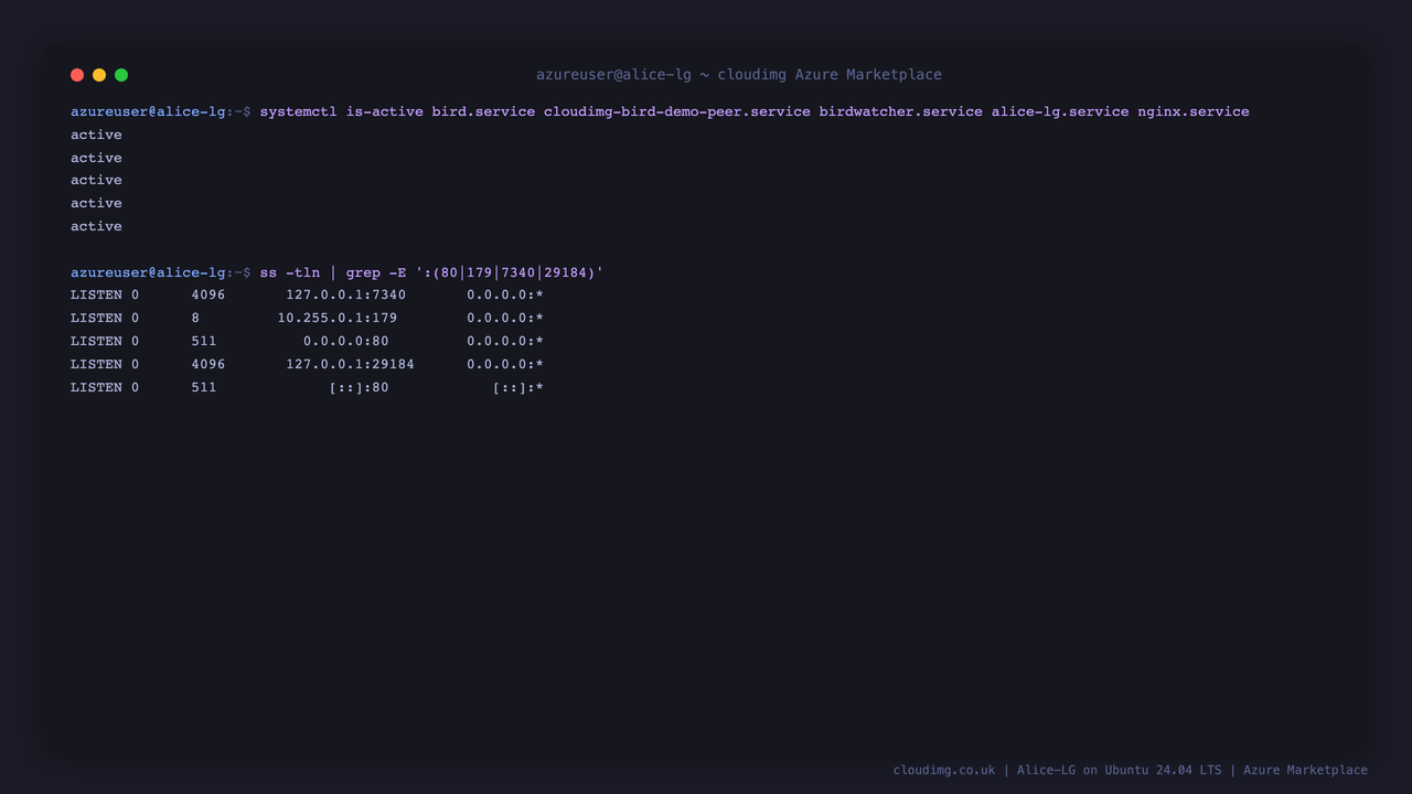 The bird, demo peer, birdwatcher, alice-lg and nginx services all active, with Alice-LG and birdwatcher bound to loopback and BGP confined to the private demo link