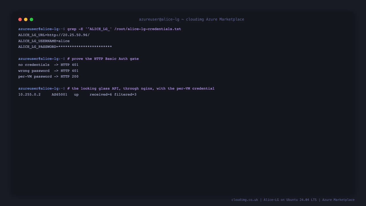 The credentials file with the password masked, the Basic Auth gate returning 401 without credentials and 200 with the per VM password, and the looking glass API reporting the live neighbour