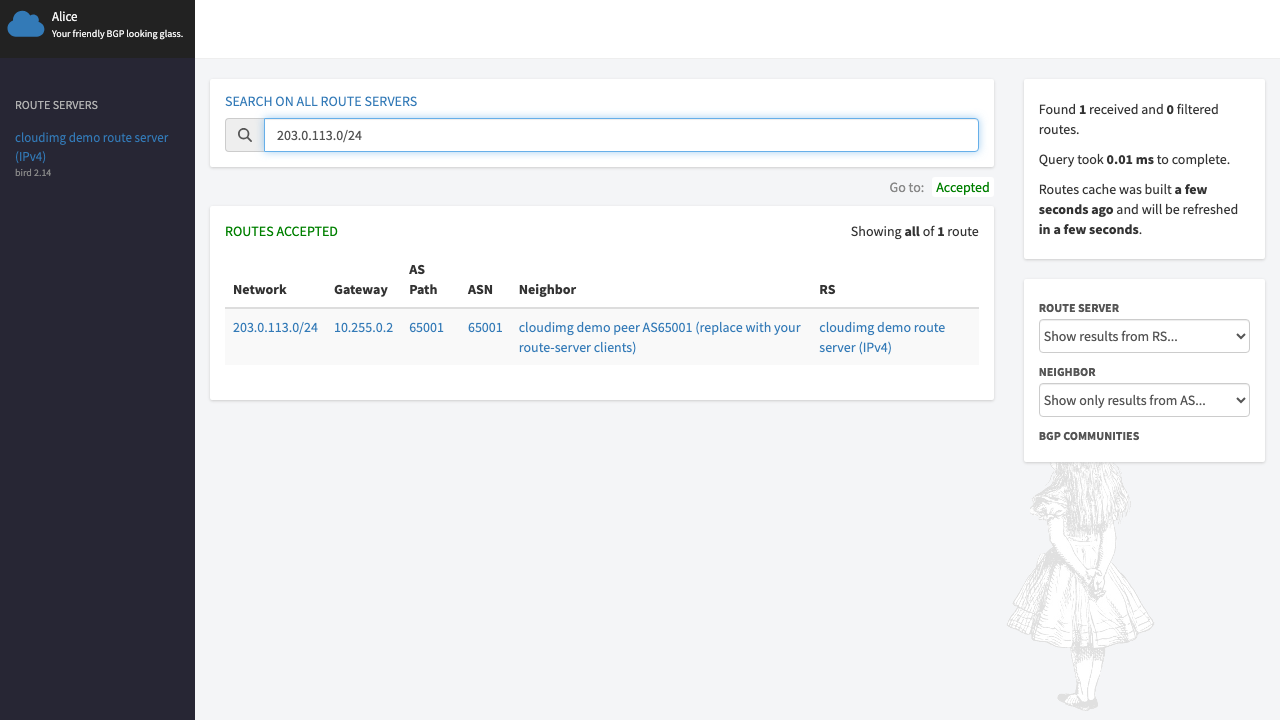 The Alice-LG global prefix search returning the announcing neighbour and route server for a searched prefix