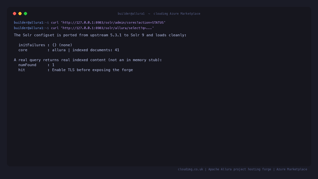 The Solr core loads with no initialisation failures and returns real indexed documents