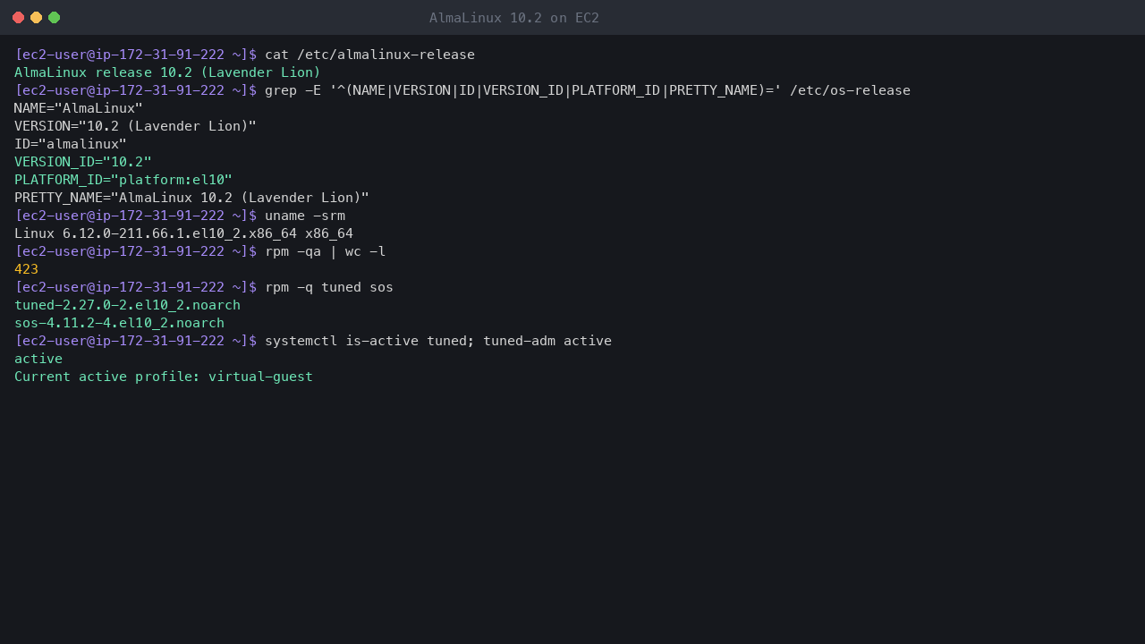 Terminal output showing almalinux-release reporting AlmaLinux release 10.2 Lavender Lion, os-release with VERSION_ID 10.2 and platform el10, uname reporting the x86_64 el10_2 kernel, and the standard package set: 423 packages with tuned and sos installed and tuned running the virtual-guest profile