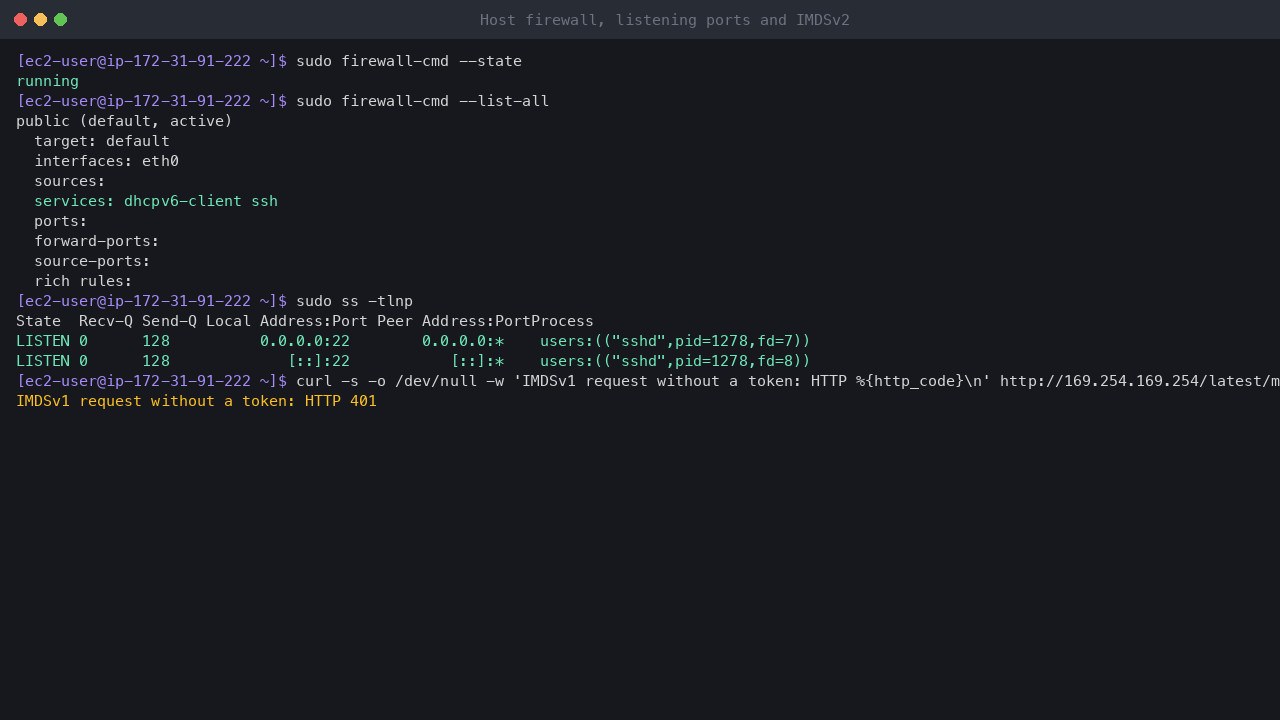 Terminal output showing firewalld running with the public zone on eth0 allowing only the dhcpv6-client and ssh services and no ports or rich rules, sshd as the only listening TCP socket, and a token-less IMDSv1 request refused with HTTP 401