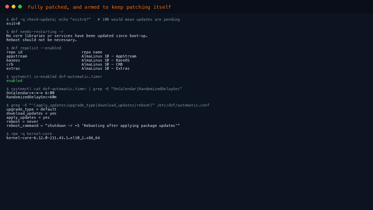 The terminal shows dnf check-update returning exit code 0 meaning no updates are pending, needs-restarting reporting no reboot necessary, dnf repolist listing appstream, baseos, crb and extras as enabled, dnf-automatic.timer reported as enabled, and the automatic.conf policy showing upgrade_type default, download_updates yes, apply_updates yes and reboot never