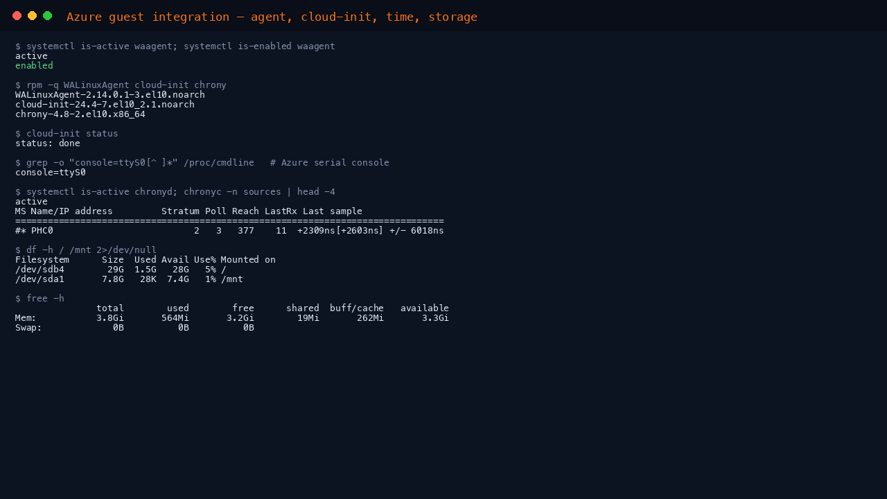 The terminal shows waagent active, the WALinuxAgent, cloud-init and chrony package versions, cloud-init status reporting done, the console equals ttyS0 kernel argument for the Azure serial console, chronyd synchronised against the Azure host clock, and df reporting the root filesystem and the ephemeral resource disk at slash mnt