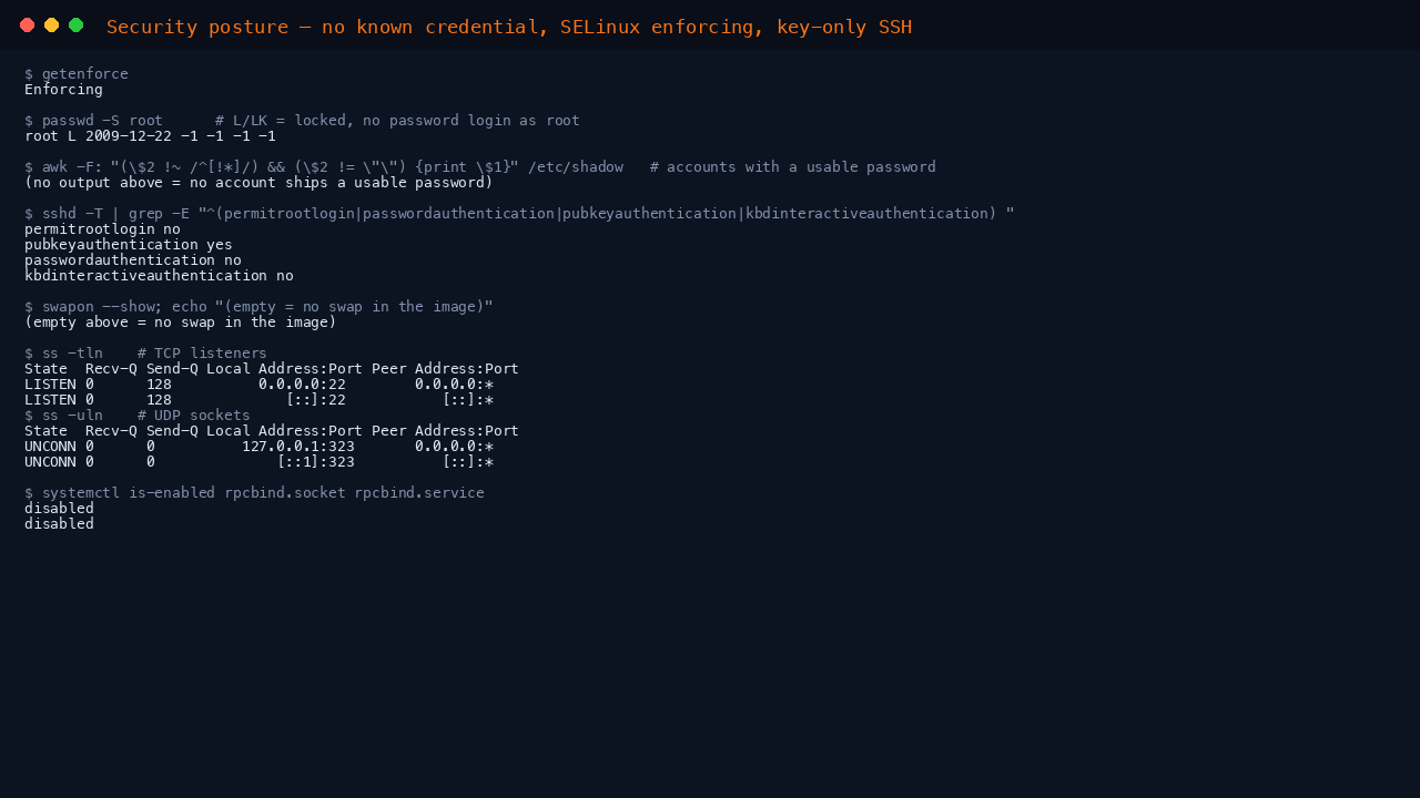 The terminal shows getenforce reporting Enforcing, passwd -S root reporting the root account as L meaning locked, no accounts holding a usable password, the effective sshd policy reporting permitrootlogin no, pubkeyauthentication yes, passwordauthentication no and kbdinteractiveauthentication no, swapon showing no swap, ss listing sshd on port 22 as the only TCP listener and chronyd on the loopback address as the only UDP socket, and rpcbind socket and service both disabled