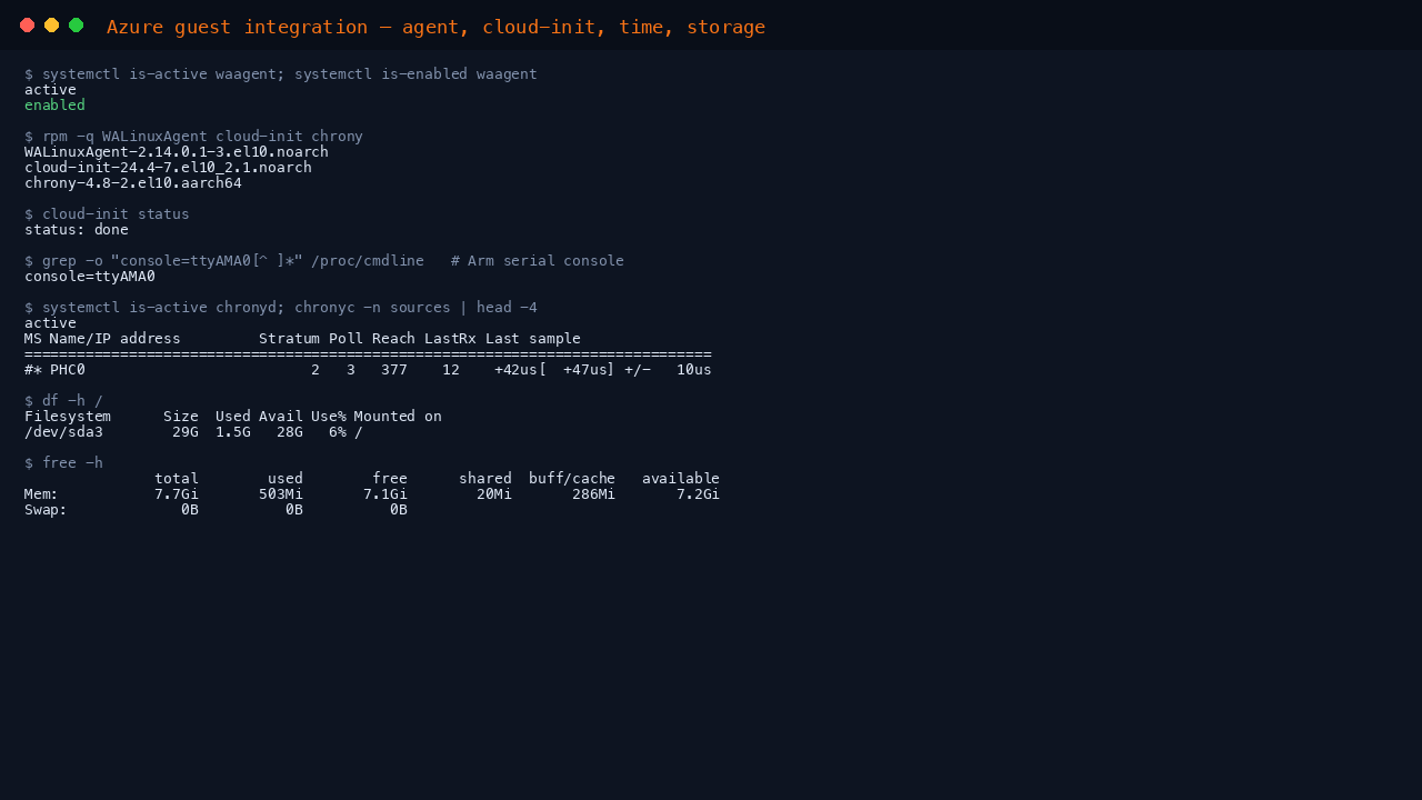 The terminal shows waagent active and enabled at boot, the WALinuxAgent, cloud-init and chrony package versions for aarch64, cloud-init status reporting done, the console equals ttyAMA0 kernel argument for the Arm serial console, chronyd synchronised against the Azure host clock, root filesystem usage from df, and the memory summary from free showing no swap