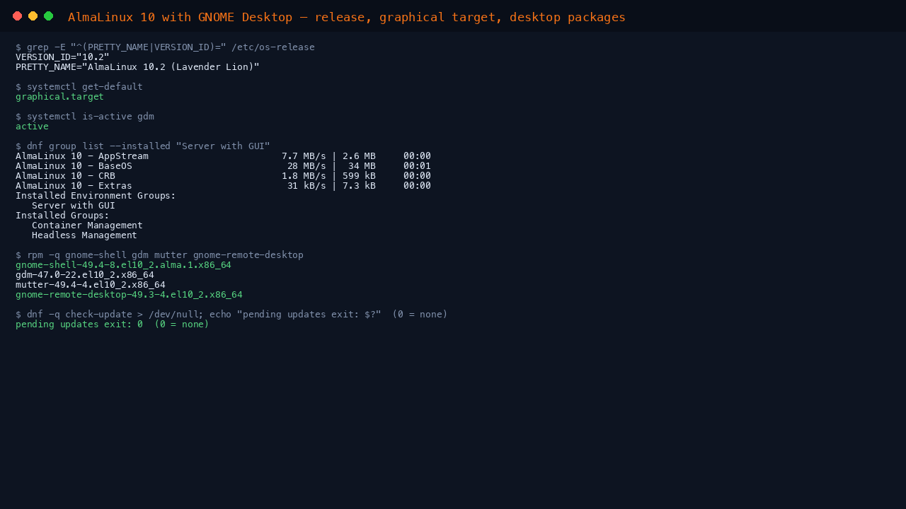The terminal shows os-release reporting AlmaLinux 10.2, the default target graphical.target, GDM active, the installed versions of gnome-shell, gdm, mutter and gnome-remote-desktop, and a check-update exit of 0 meaning no pending updates