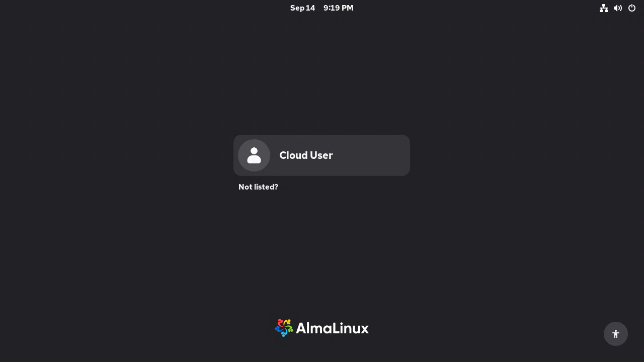 The GNOME login screen of the AlmaLinux 10 virtual machine displayed in an RDP session over the SSH tunnel, showing the date and time, the administrator account tile and the AlmaLinux logo