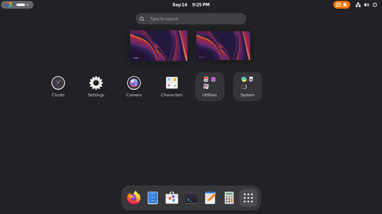 The GNOME application grid in the remote session, with the dock showing Firefox, Files, Software, the Ptyxis terminal, Text Editor and Calculator, and the grid listing Clocks, Settings, Camera, Characters and the Utilities and System folders