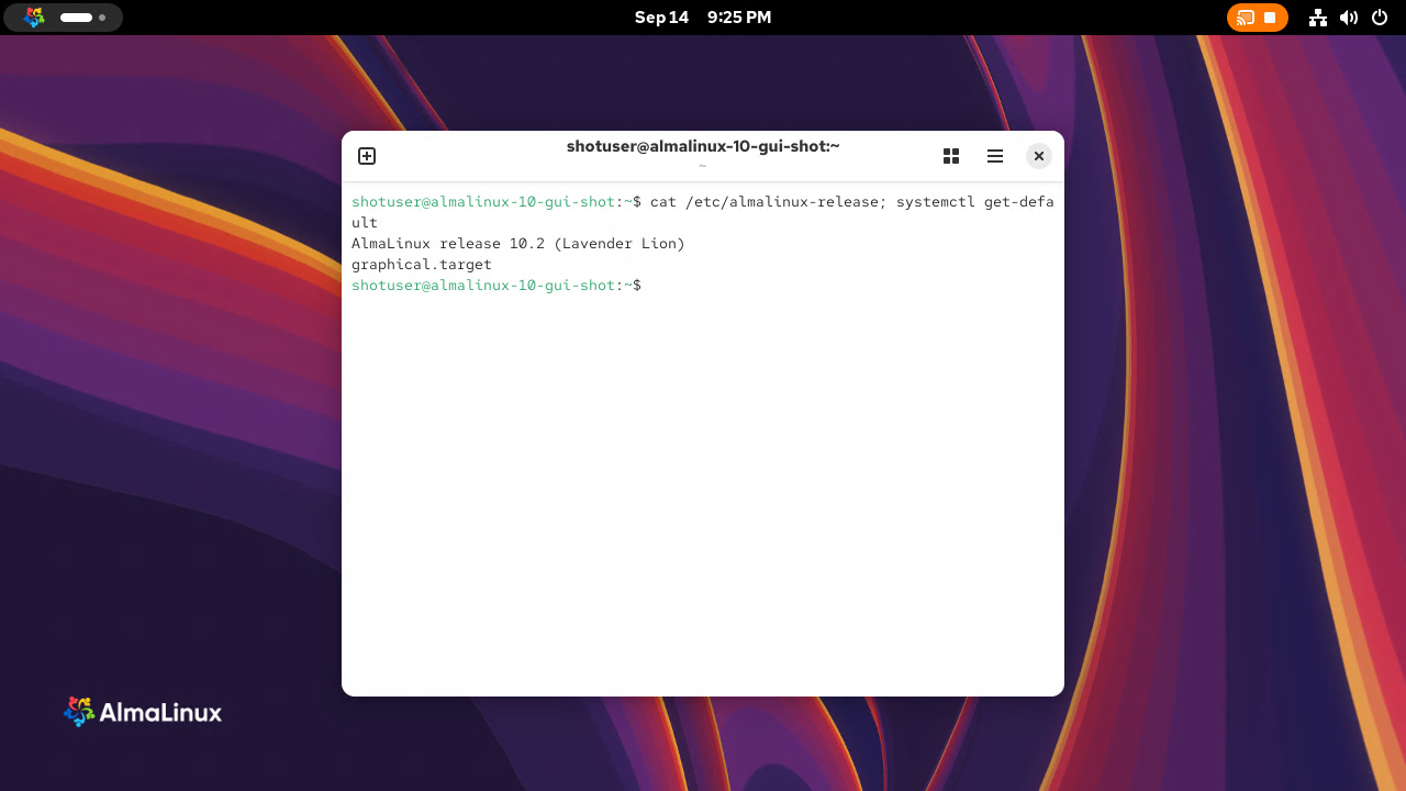 The Ptyxis terminal open inside the remote GNOME desktop, showing AlmaLinux release 10.2 Lavender Lion and the default target graphical.target