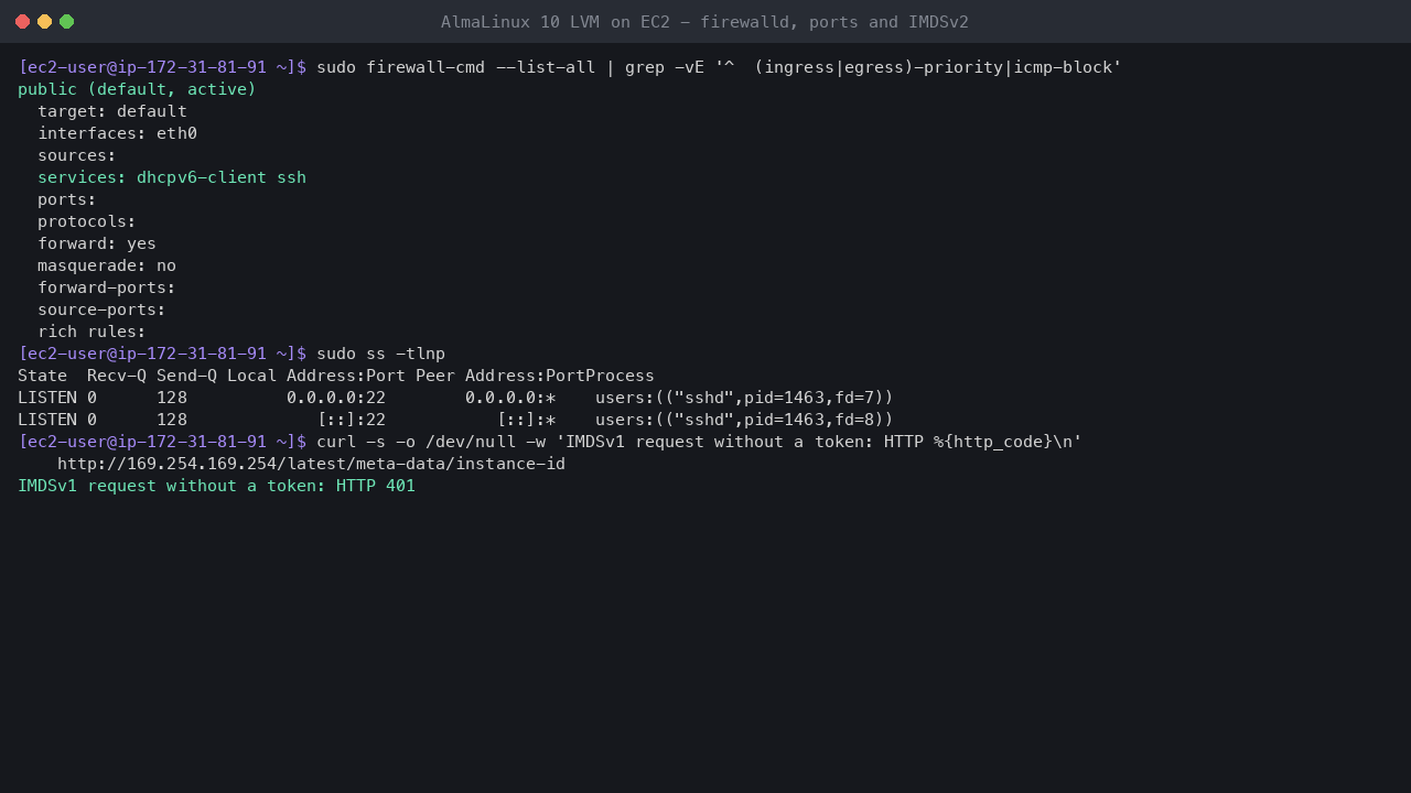 Terminal output showing firewalld running with the public zone on eth0 allowing only the dhcpv6-client and ssh services and no ports or rich rules, sshd as the only listening TCP socket, and a token-less IMDSv1 request refused with HTTP 401