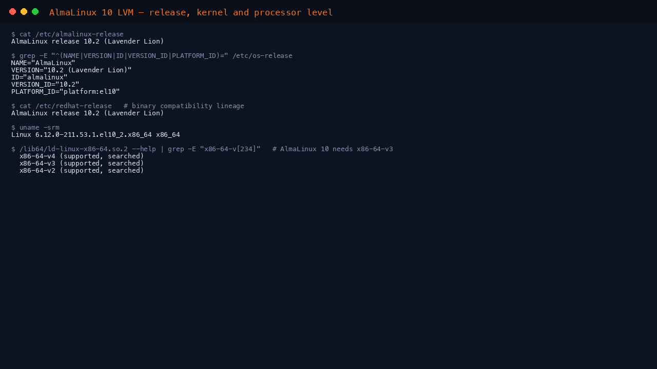 The terminal shows cat of etc almalinux-release reporting AlmaLinux release 10.2 Lavender Lion, the os-release fields NAME AlmaLinux, VERSION 10.2, ID almalinux, VERSION_ID 10.2 and PLATFORM_ID platform el10, the redhat-release compatibility line, uname reporting the 6.12.0 el10_2 kernel on x86_64, and the system loader reporting x86-64-v3 as supported