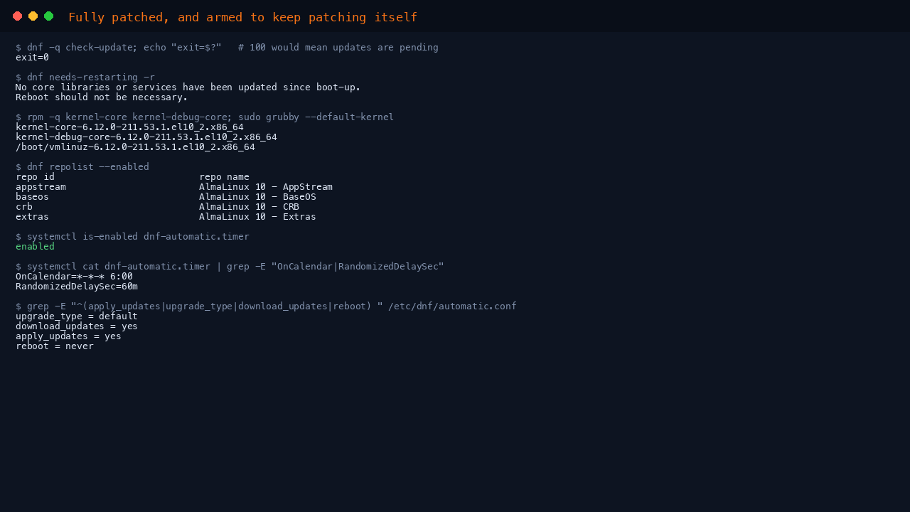 The terminal shows dnf check-update returning exit code 0 meaning no updates are pending, needs-restarting reporting no reboot necessary, the kernel-core and kernel-debug-core packages at the same version with the regular kernel as the default boot entry, dnf repolist listing appstream, baseos, crb and extras as enabled, dnf-automatic.timer reported as enabled with its six o clock schedule, and the automatic.conf policy showing upgrade_type default, download_updates yes, apply_updates yes and reboot never