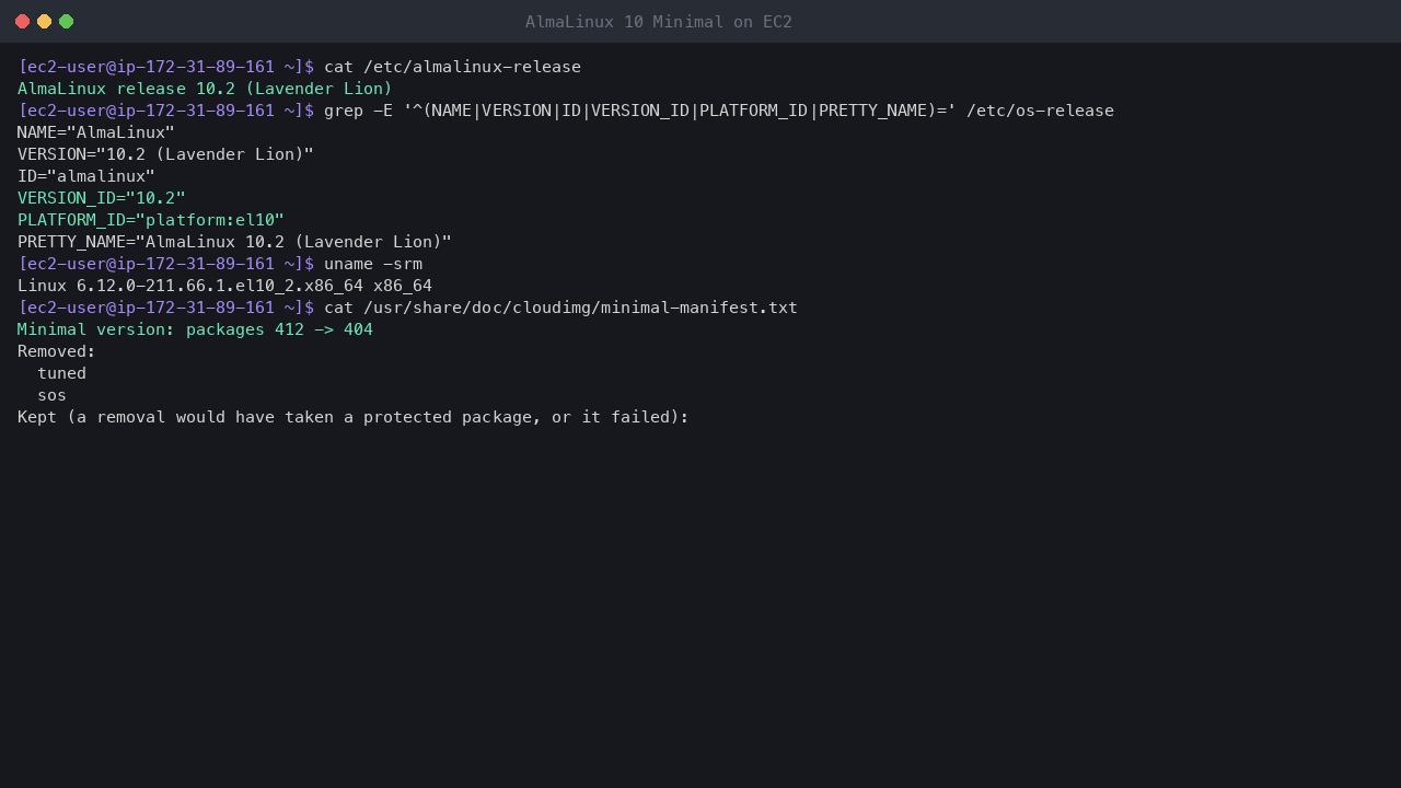 Terminal output showing almalinux-release reporting AlmaLinux release 10.2 Lavender Lion, os-release with platform el10, uname reporting the x86_64 el10_2 kernel, and the shipped Minimal manifest: packages 412 to 404 with tuned and sos removed