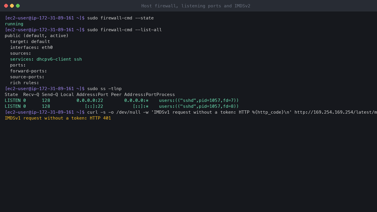 Terminal output showing firewalld running with the public zone on eth0 allowing only the dhcpv6-client and ssh services and no ports or rich rules, sshd as the only listening TCP socket, and a token-less IMDSv1 request refused with HTTP 401