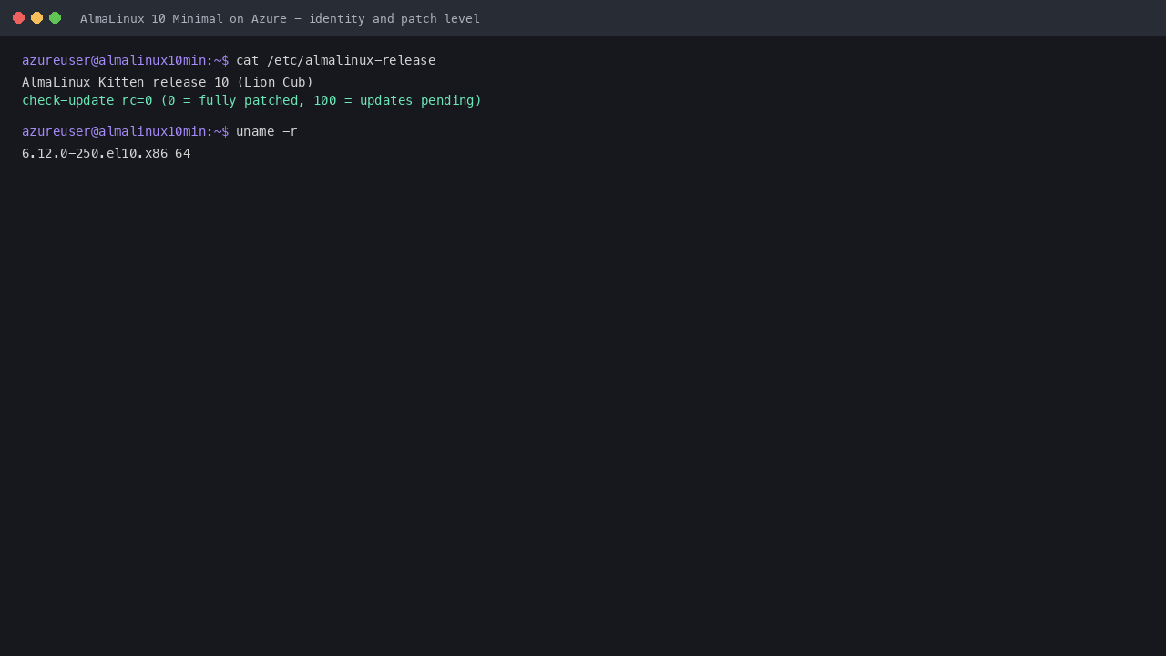 AlmaLinux 10 Minimal identity and patch level: almalinux-release and a zero pending update check