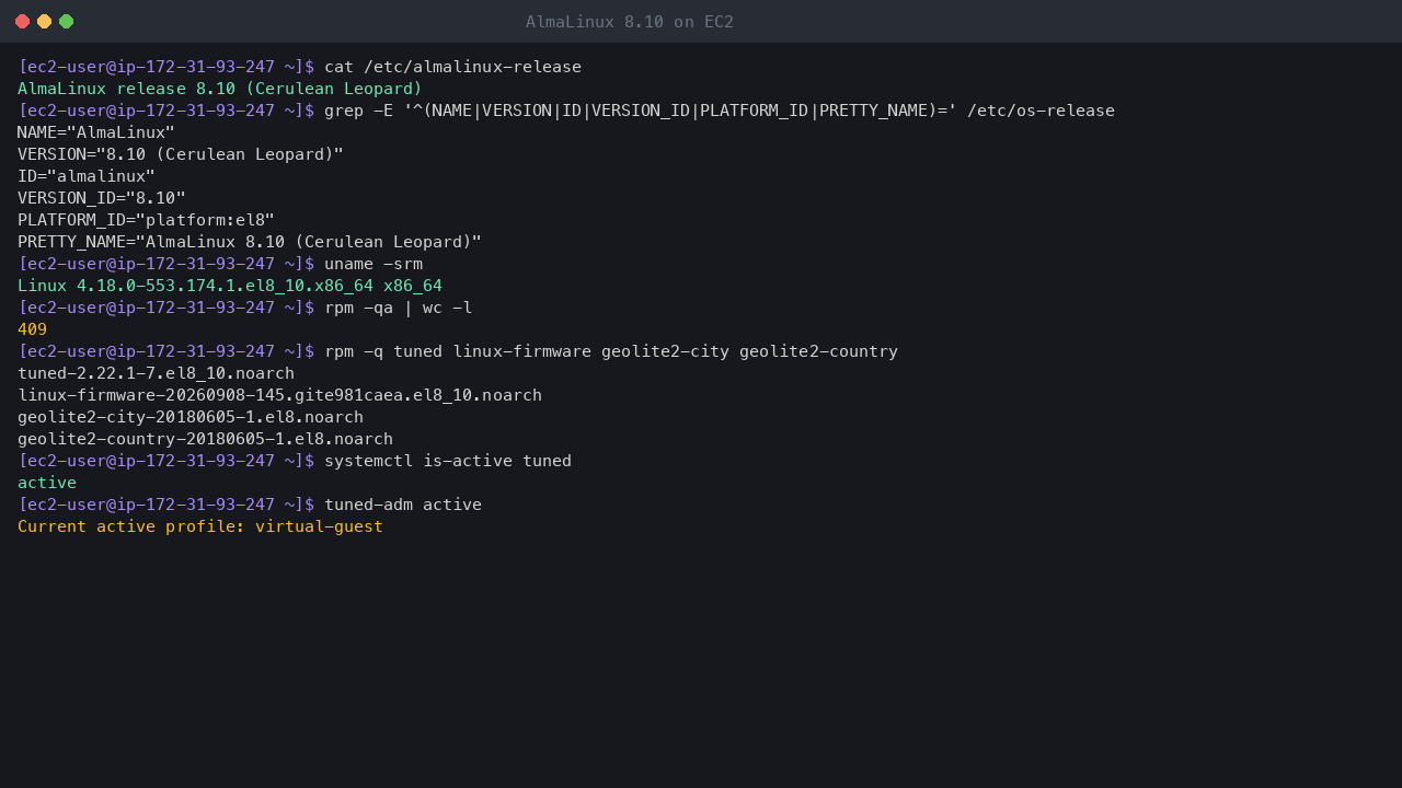 Terminal output showing almalinux-release reporting AlmaLinux release 8.10 Cerulean Leopard, os-release with VERSION_ID 8.10 and platform el8, uname reporting the x86_64 el8_10 kernel, and the standard package set: 409 packages with tuned, linux-firmware and the GeoLite2 databases installed and tuned running the virtual-guest profile