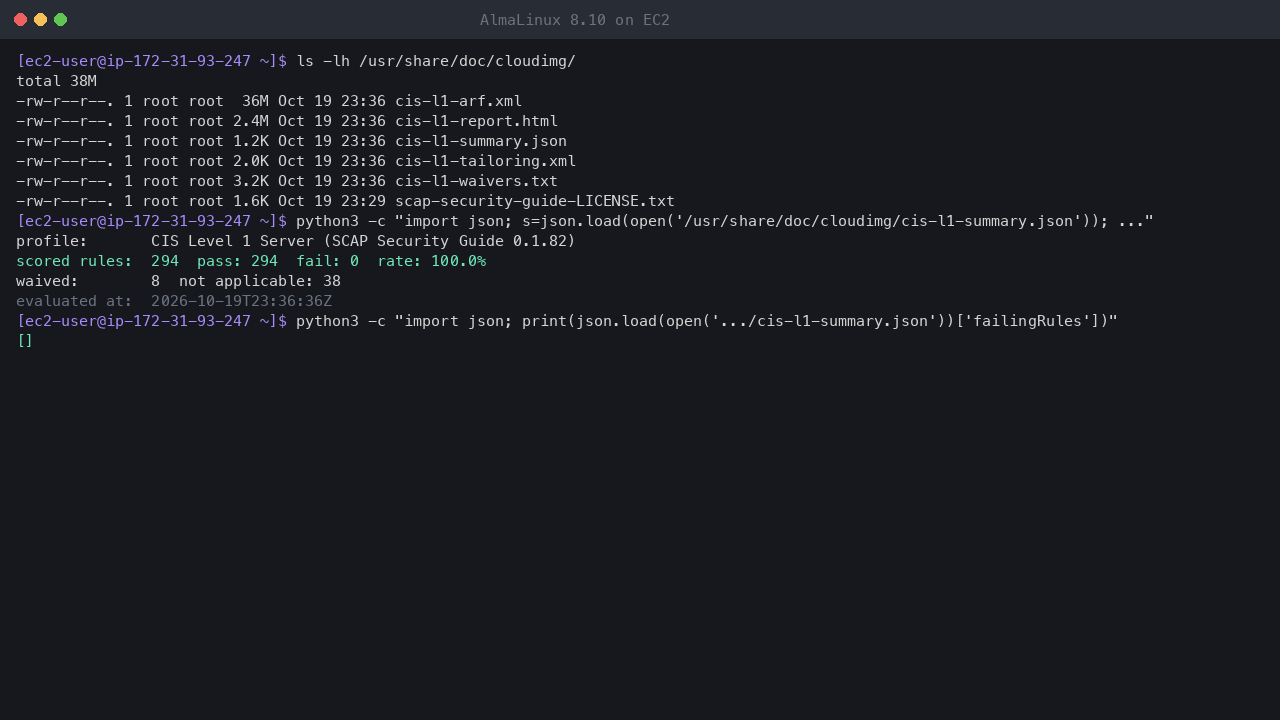 Terminal output showing the shipped compliance files in /usr/share/doc/cloudimg and the summary: CIS Level 1 Server profile, 294 scored rules, 294 pass, 0 fail, a 100.0 percent pass rate and 8 waived rules