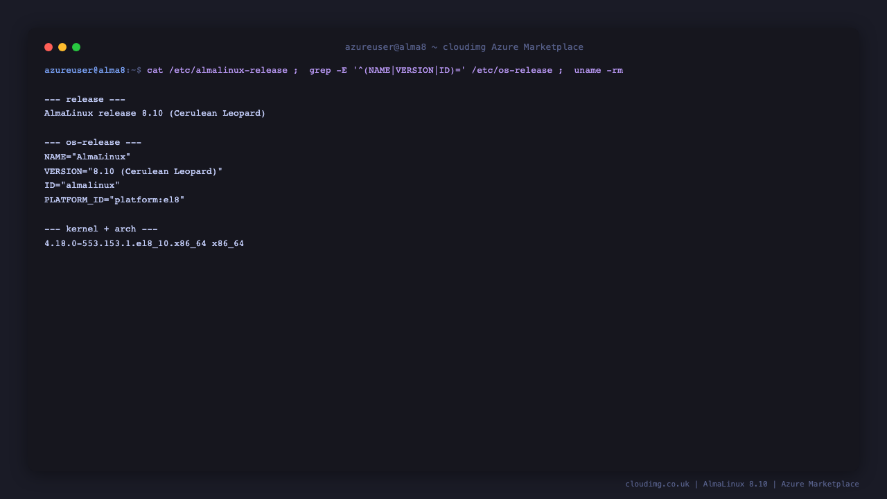 The terminal shows cat of etc almalinux-release reporting AlmaLinux release 8.10 Cerulean Leopard, the os-release fields NAME AlmaLinux, VERSION 8.10, ID almalinux and PLATFORM_ID platform el8, and uname reporting the 4.18.0 el8_10 kernel on x86_64