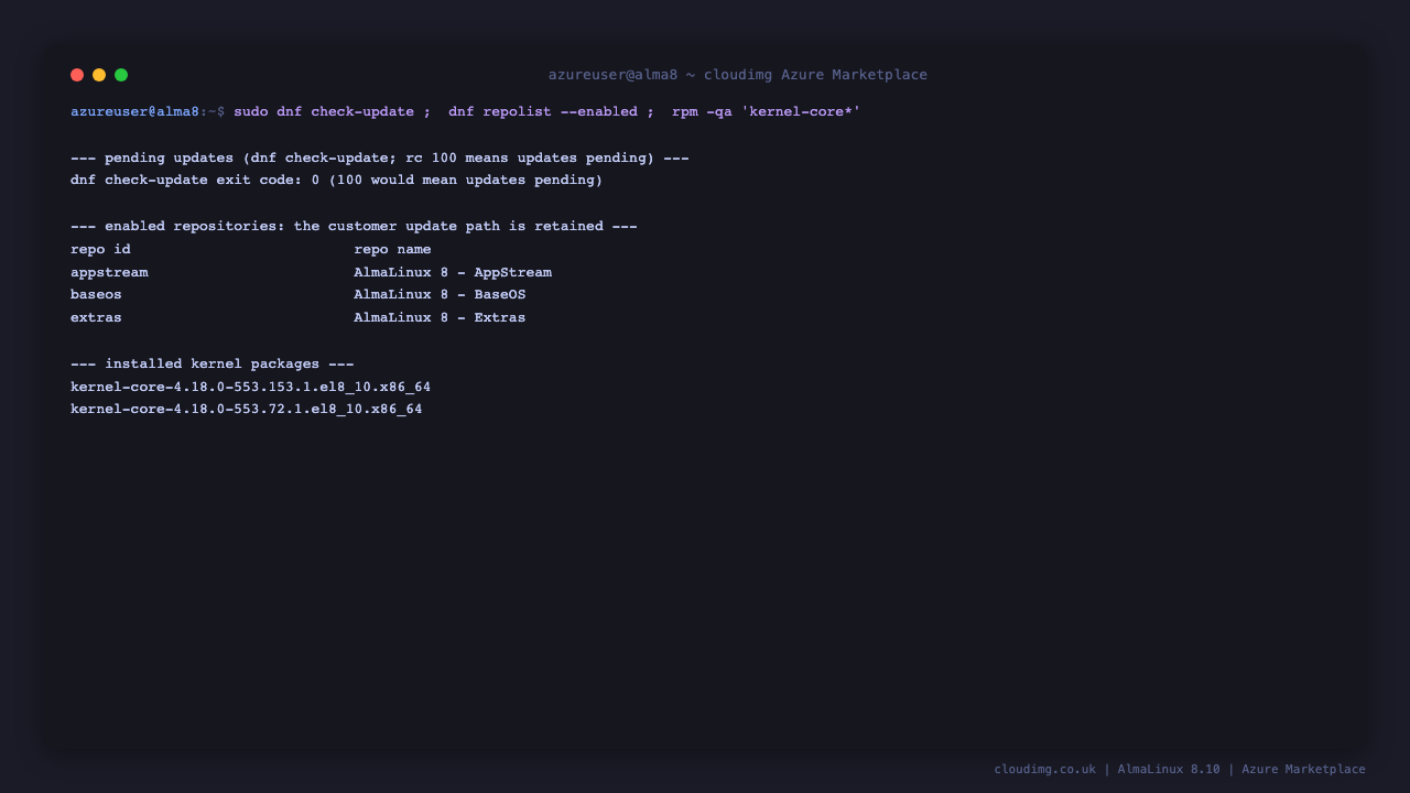 The terminal shows dnf check-update returning exit code 0 meaning no updates are pending, dnf repolist listing the appstream, baseos and extras repositories as enabled, and rpm listing the installed kernel core packages