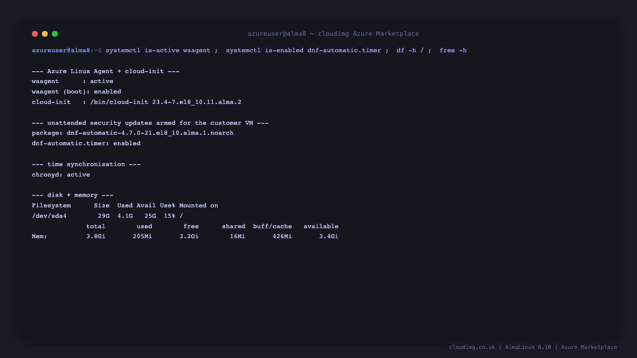 The terminal shows waagent active and enabled at boot, cloud-init version 23.4 for el8_10, dnf-automatic.timer enabled so security updates apply on a timer, chronyd active for time synchronisation, the root filesystem usage from df, and the memory summary from free