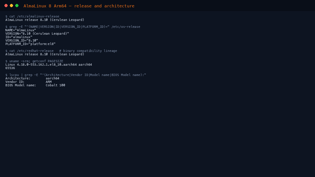 The terminal shows cat of etc almalinux-release reporting AlmaLinux release 8.10 Cerulean Leopard, the os-release fields NAME AlmaLinux, VERSION 8.10, ID almalinux, VERSION_ID 8.10 and PLATFORM_ID platform el8, the redhat-release compatibility line, uname reporting the 4.18.0 el8_10 kernel on aarch64 with a 65536 byte page size, and lscpu reporting an ARM Azure Cobalt 100 processor