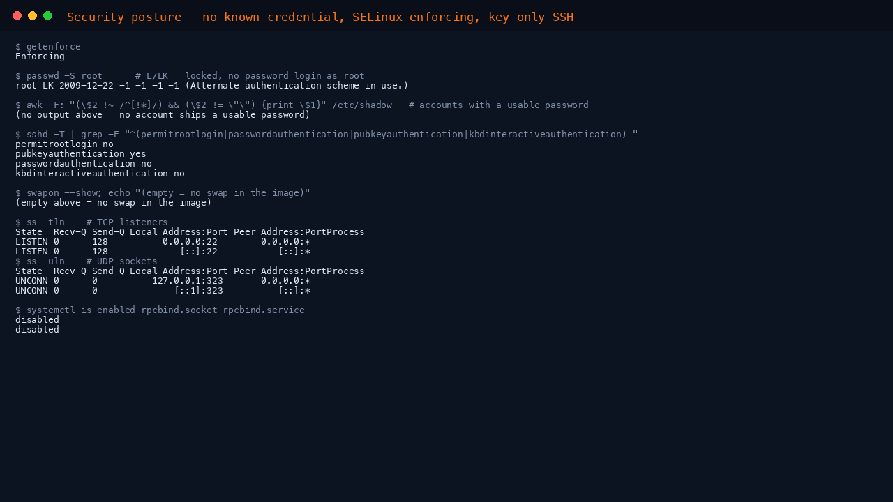 The terminal shows getenforce reporting Enforcing, passwd -S root reporting the root account as LK meaning locked, no accounts holding a usable password, the effective sshd policy reporting permitrootlogin no, pubkeyauthentication yes, passwordauthentication no and kbdinteractiveauthentication no, swapon showing no swap, ss listing sshd on port 22 as the only TCP listener and chronyd on the loopback address as the only UDP socket, and rpcbind socket and service both disabled
