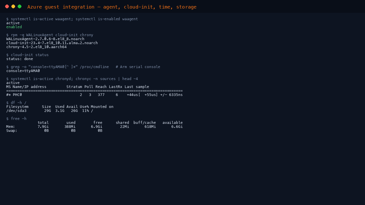 The terminal shows waagent active and enabled at boot, the WALinuxAgent, cloud-init and chrony package versions for aarch64, cloud-init status reporting done, the console equals ttyAMA0 kernel argument for the Arm serial console, chronyd synchronised against the Azure host clock, root filesystem usage from df, and the memory summary from free showing no swap
