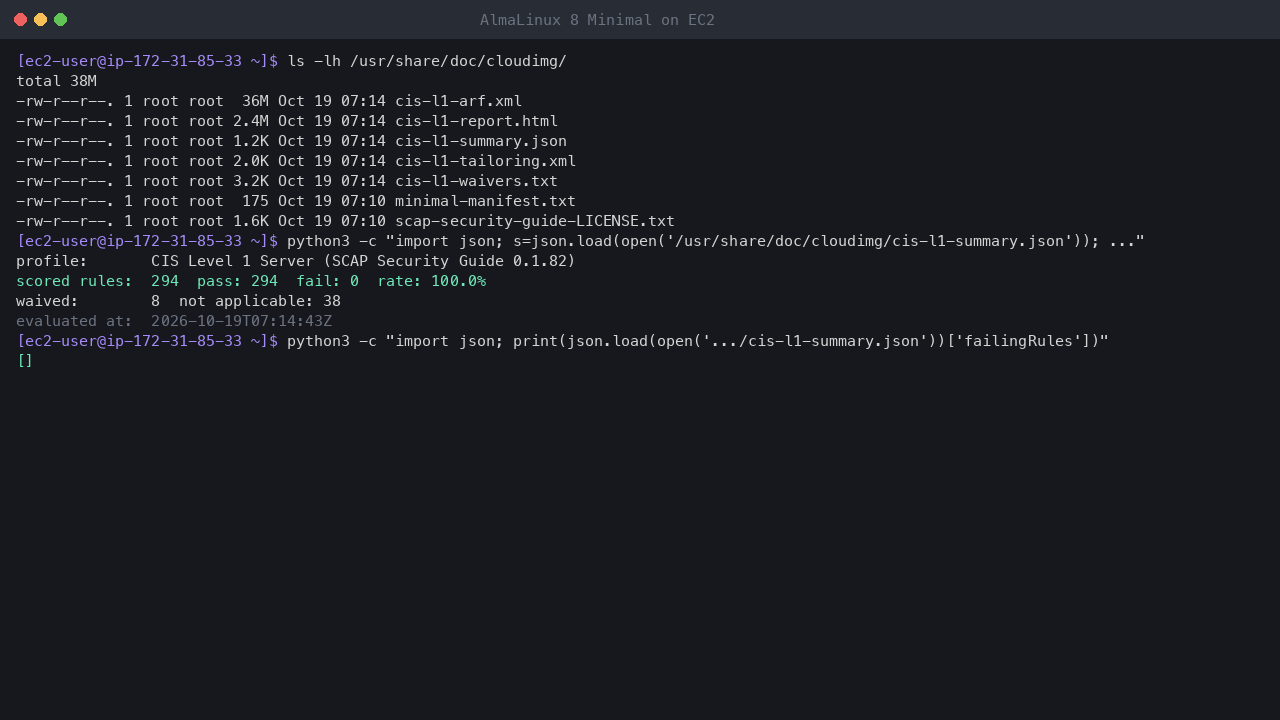 Terminal output showing the shipped compliance files in /usr/share/doc/cloudimg and the summary: CIS Level 1 Server profile, 294 scored rules, 294 pass, 0 fail, a 100.0 percent pass rate and 8 waived rules