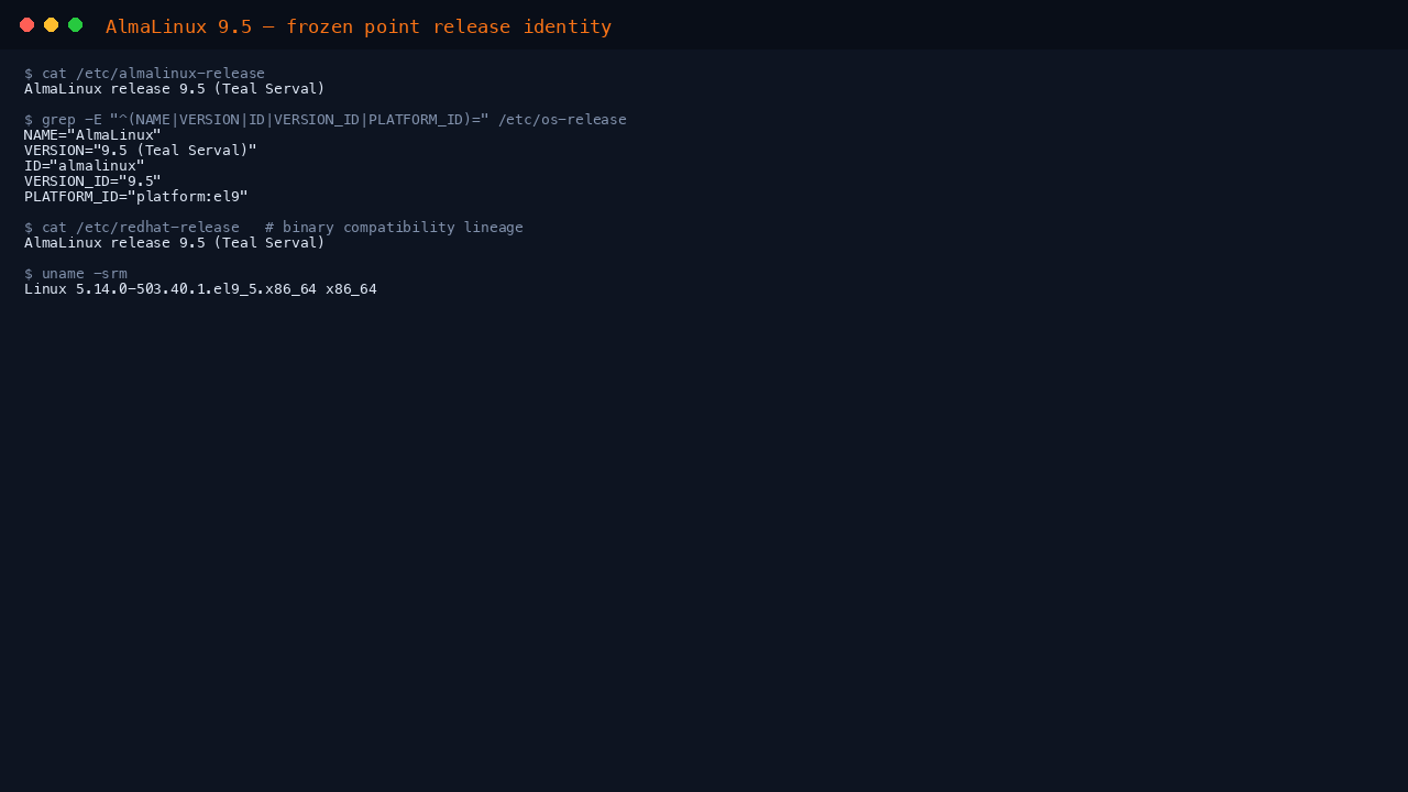 The terminal shows cat of etc almalinux-release reporting AlmaLinux release 9.5 Teal Serval, the os-release fields NAME AlmaLinux, VERSION 9.5, ID almalinux and PLATFORM_ID platform el9, etc redhat-release confirming the RHEL 9 compatibility lineage, and uname reporting the 5.14.0 el9_5 kernel on x86_64