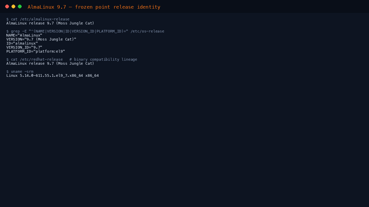 The terminal shows cat of etc almalinux-release reporting AlmaLinux release 9.7 Moss Jungle Cat, the os-release fields NAME AlmaLinux, VERSION 9.7, ID almalinux and PLATFORM_ID platform el9, etc redhat-release confirming the RHEL 9 compatibility lineage, and uname reporting the 5.14.0 el9_7 kernel on x86_64