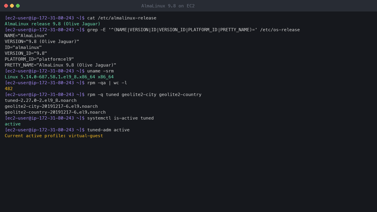 Terminal output showing almalinux-release reporting AlmaLinux release 9.8 Olive Jaguar, os-release with VERSION_ID 9.8 and platform el9, uname reporting the x86_64 el9_8 kernel, and the standard package set: 482 packages with tuned, geolite2-city and geolite2-country installed and tuned running the virtual-guest profile