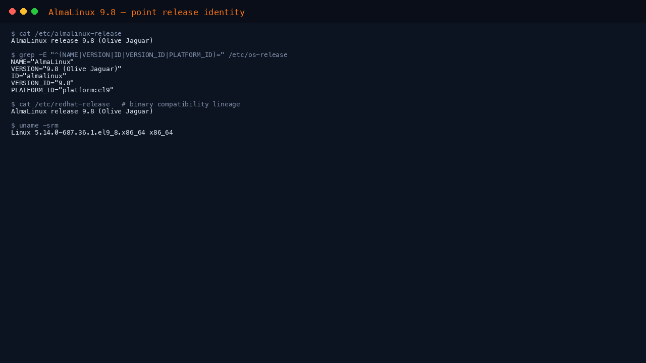 The terminal shows cat of etc almalinux-release reporting AlmaLinux release 9.8 Olive Jaguar, the os-release fields NAME AlmaLinux, VERSION 9.8, ID almalinux, VERSION_ID 9.8 and PLATFORM_ID platform el9, the redhat-release compatibility line, and uname reporting the 5.14.0 el9_8 kernel on x86_64