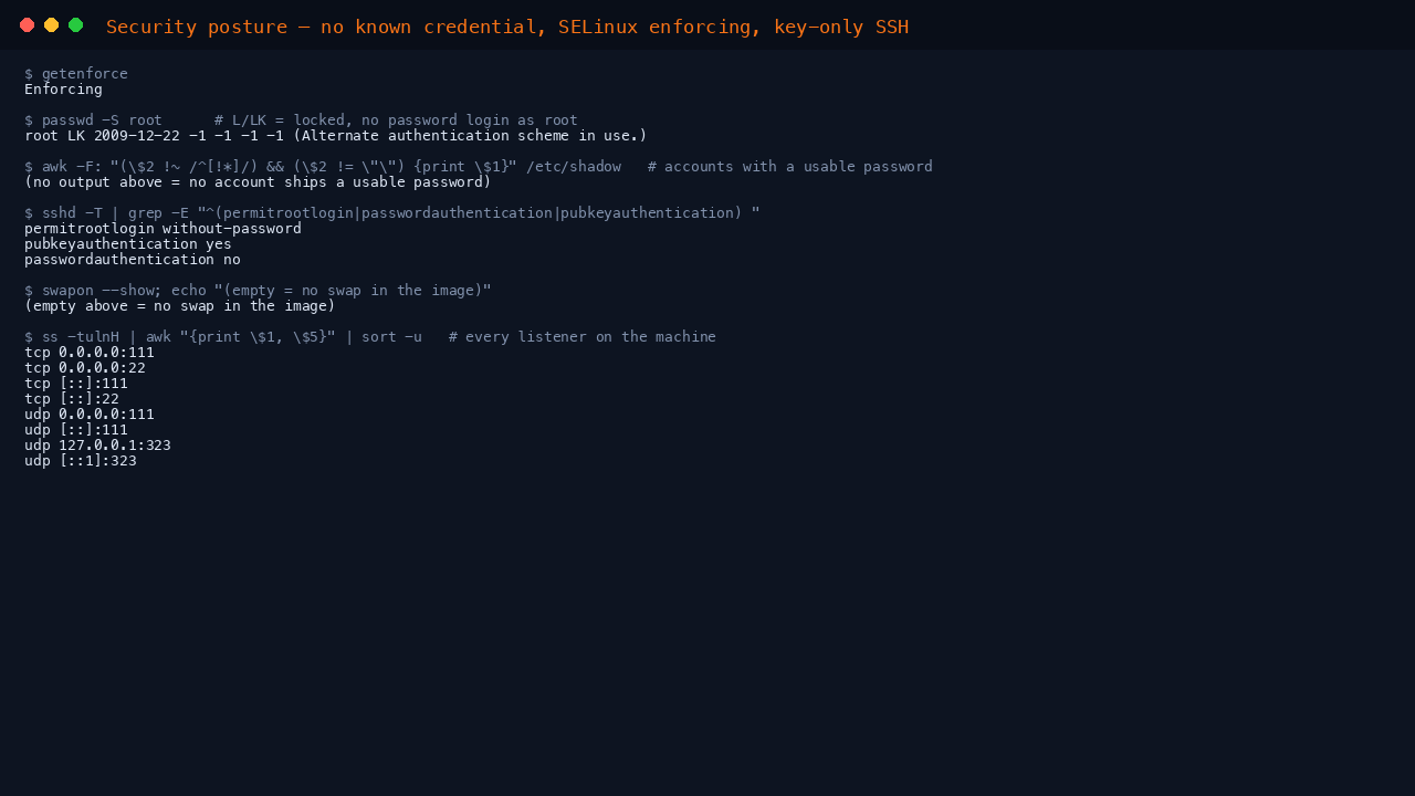 The terminal shows getenforce reporting Enforcing, passwd -S root reporting the root account as LK meaning locked, no accounts holding a usable password, the effective sshd policy reporting permitrootlogin without-password, pubkeyauthentication yes and passwordauthentication no, swapon showing no swap, and ss listing sshd on port 22, rpcbind on port 111 and chronyd on the loopback address as the only listeners