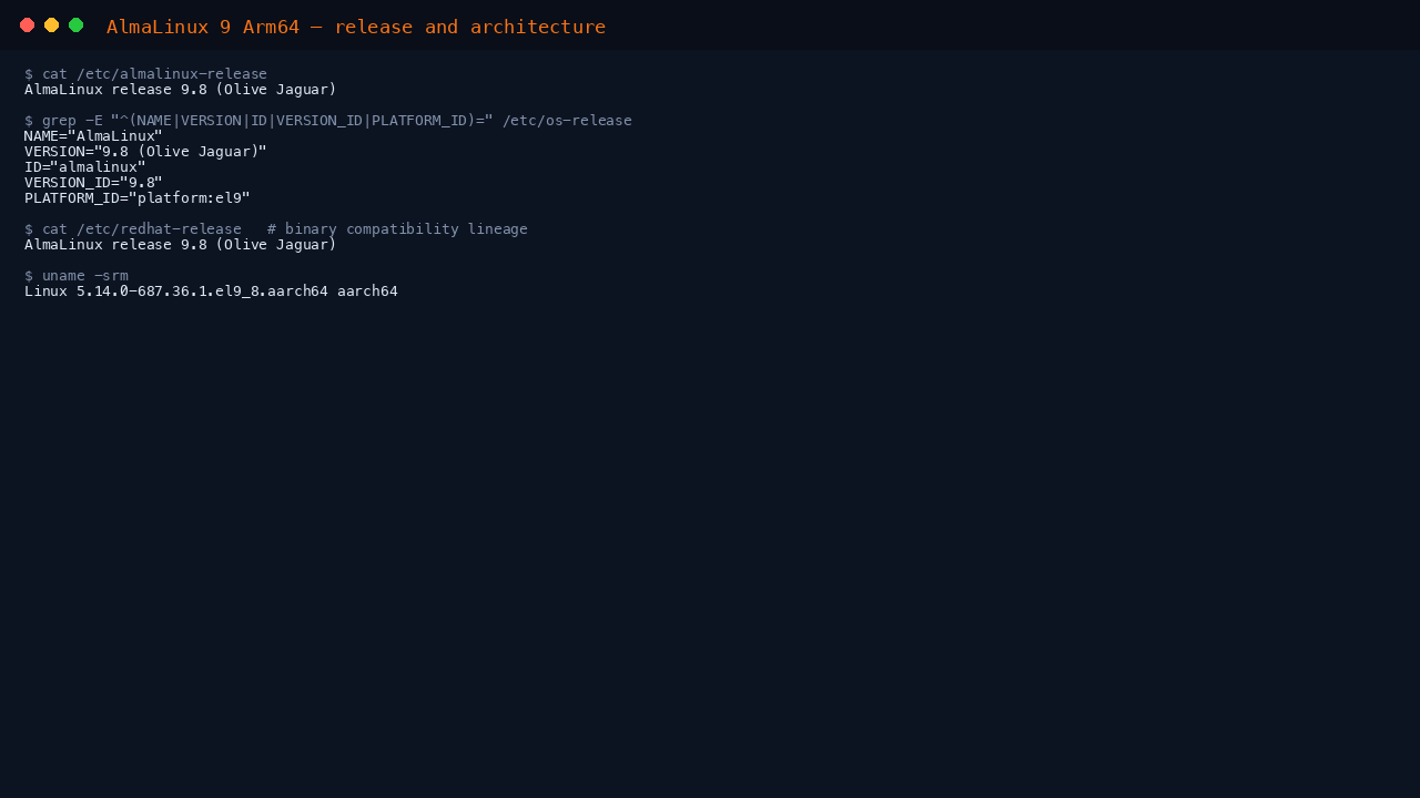 The terminal shows cat of etc almalinux-release reporting AlmaLinux release 9.8 Olive Jaguar, the os-release fields NAME AlmaLinux, VERSION 9.8, ID almalinux, VERSION_ID 9.8 and PLATFORM_ID platform el9, the redhat-release compatibility line, and uname reporting the 5.14.0 el9_8 kernel on aarch64