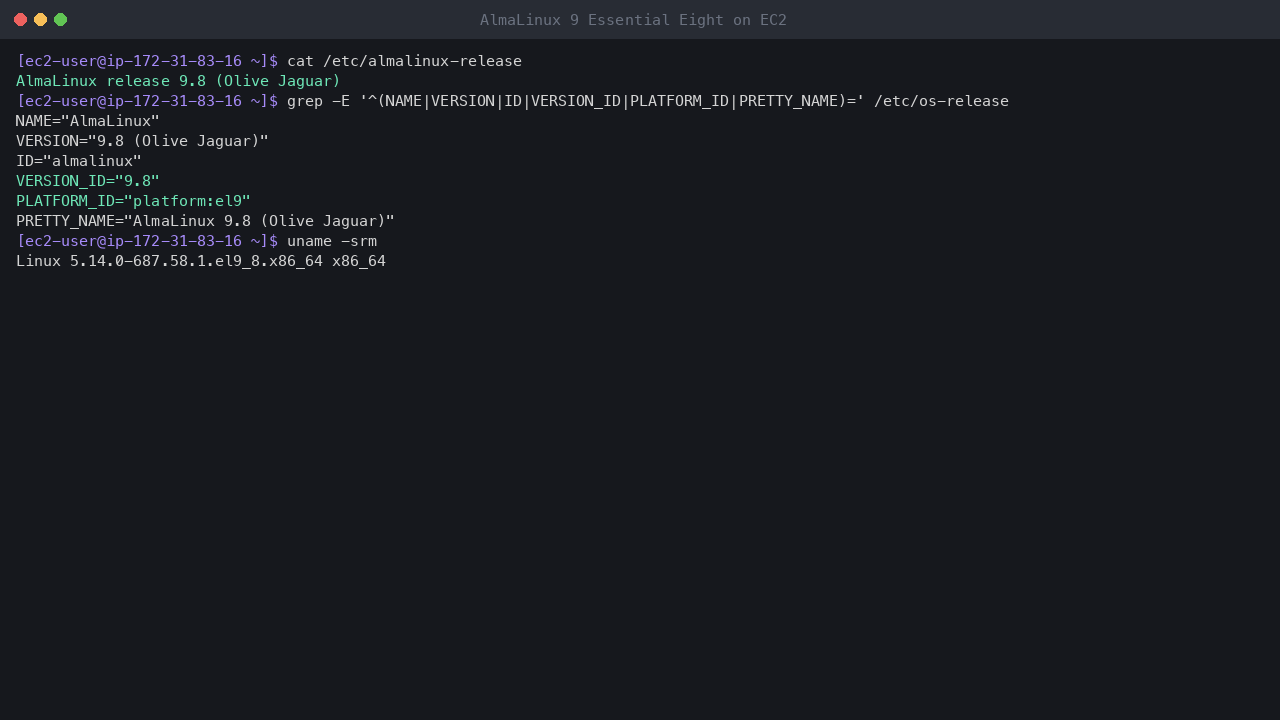 Terminal output showing almalinux-release reporting AlmaLinux release 9.8 Olive Jaguar, os-release with platform el9 and uname reporting the x86_64 el9_8 kernel
