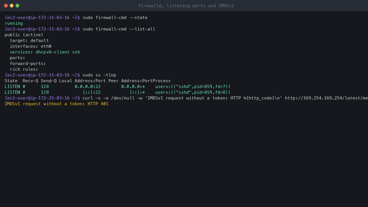 Terminal output showing firewalld running with the public zone on eth0 allowing only the dhcpv6-client and ssh services and no ports or rich rules, sshd as the only listening TCP socket, and a token-less IMDSv1 request refused with HTTP 401
