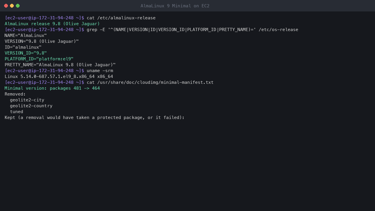 Terminal output showing almalinux-release reporting AlmaLinux release 9.8 Olive Jaguar, os-release with platform el9, uname reporting the x86_64 el9_8 kernel, and the shipped Minimal manifest: packages 481 to 464 with geolite2-city, geolite2-country and tuned removed