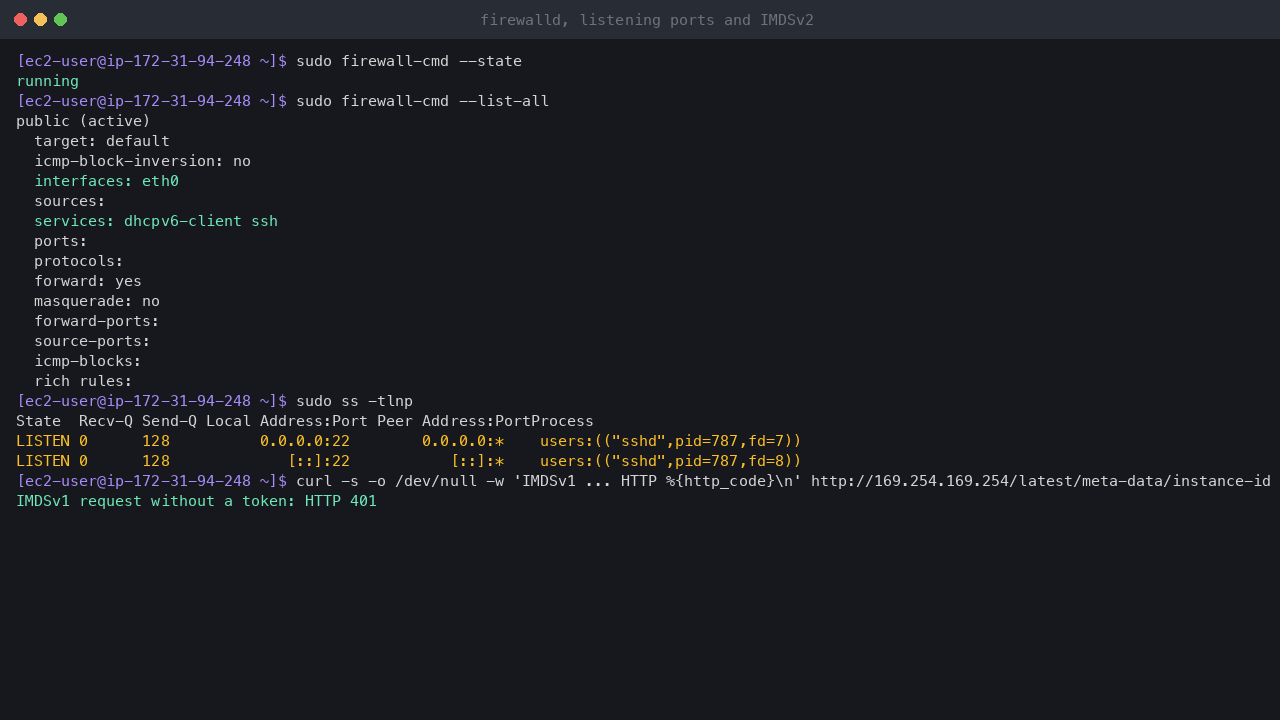 Terminal output showing firewalld running with the public zone on eth0 allowing only the dhcpv6-client and ssh services and no ports or rich rules, sshd as the only listening TCP socket, and a token-less IMDSv1 request refused with HTTP 401