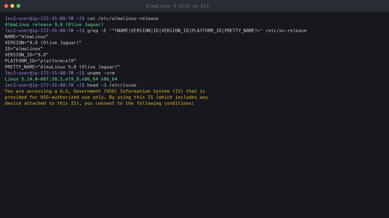 Terminal output showing almalinux-release reporting AlmaLinux release 9.8 Olive Jaguar, os-release with platform el9, uname reporting the x86_64 el9_8 kernel, and the first lines of the DoD notice and consent banner in /etc/issue