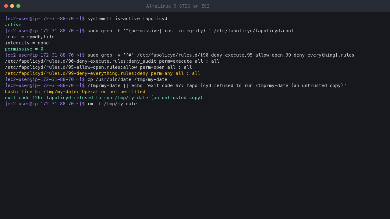 Terminal output showing fapolicyd active and enforcing with permissive 0 and trust rpmdb and file, the deny-execute, allow-open and STIG deny-everything rules, and a copy of the date binary refused with Operation not permitted, exit code 126