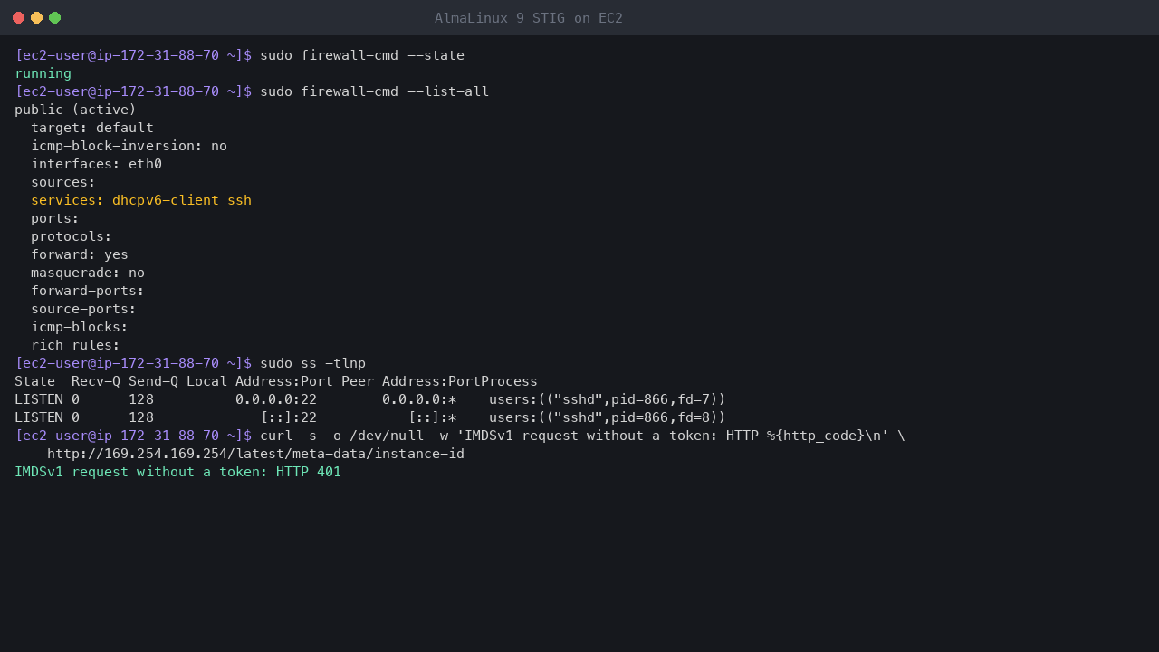Terminal output showing firewalld running with the public zone on eth0 allowing only the dhcpv6-client and ssh services and no ports or rich rules, sshd as the only listening TCP socket, and a token-less IMDSv1 request refused with HTTP 401