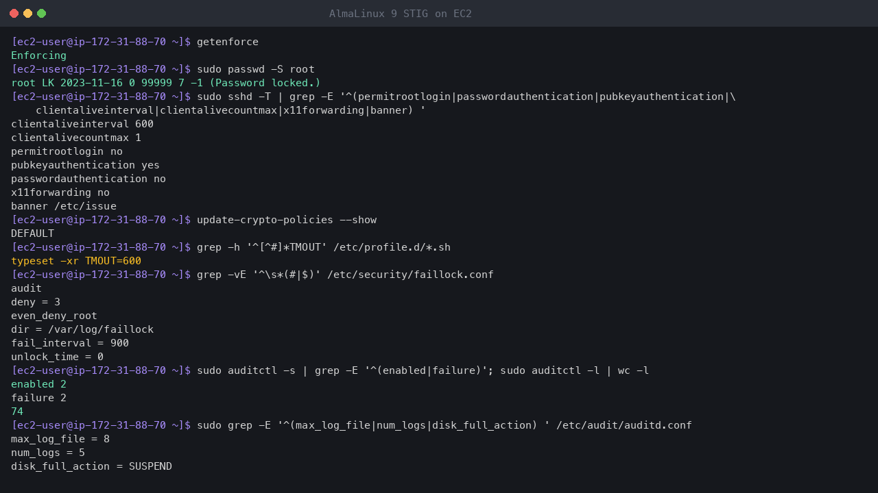 Terminal output showing SELinux enforcing, the root account locked, the effective SSH settings with root login and password authentication off and a ten minute idle check, the DEFAULT crypto policy, the read-only ten minute shell timeout, the faillock lockout settings, auditd enabled and immutable with 74 rules, and the audit log rotation settings