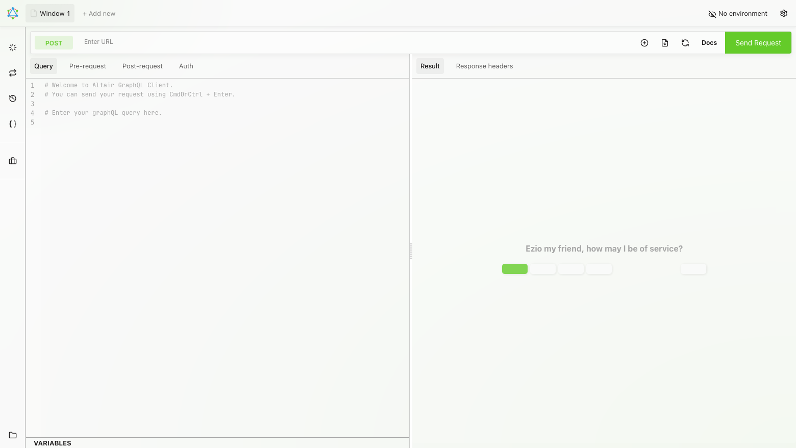 The Altair GraphQL Client interface on first load, with the empty URL bar, the query editor showing the welcome comment and the Result pane