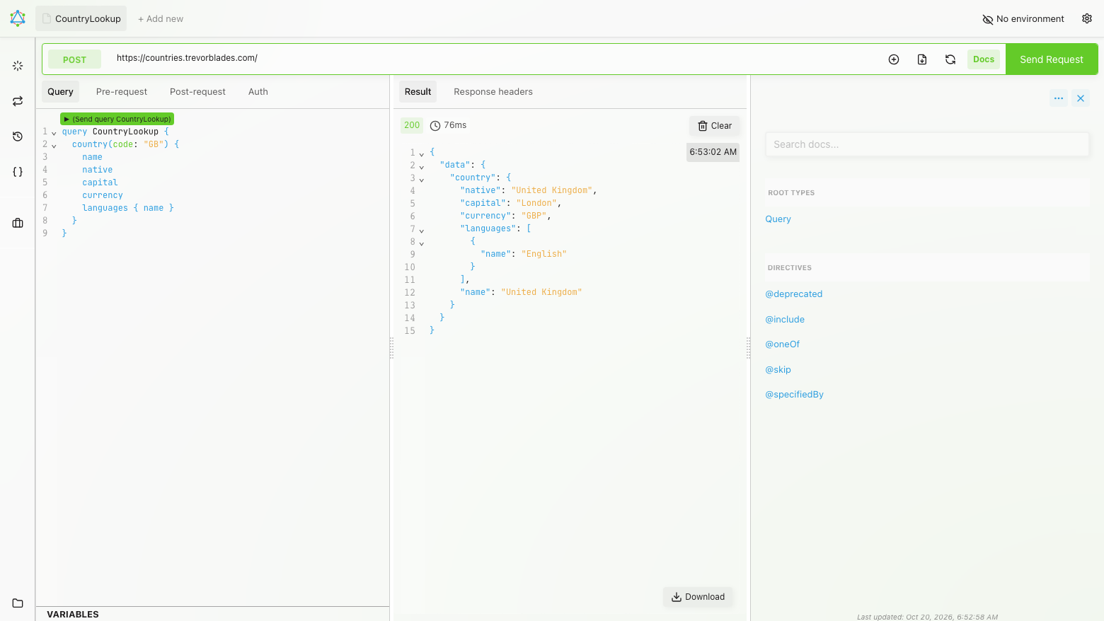 The Altair Docs pane open next to the query result, listing the Query root type and the schema directives