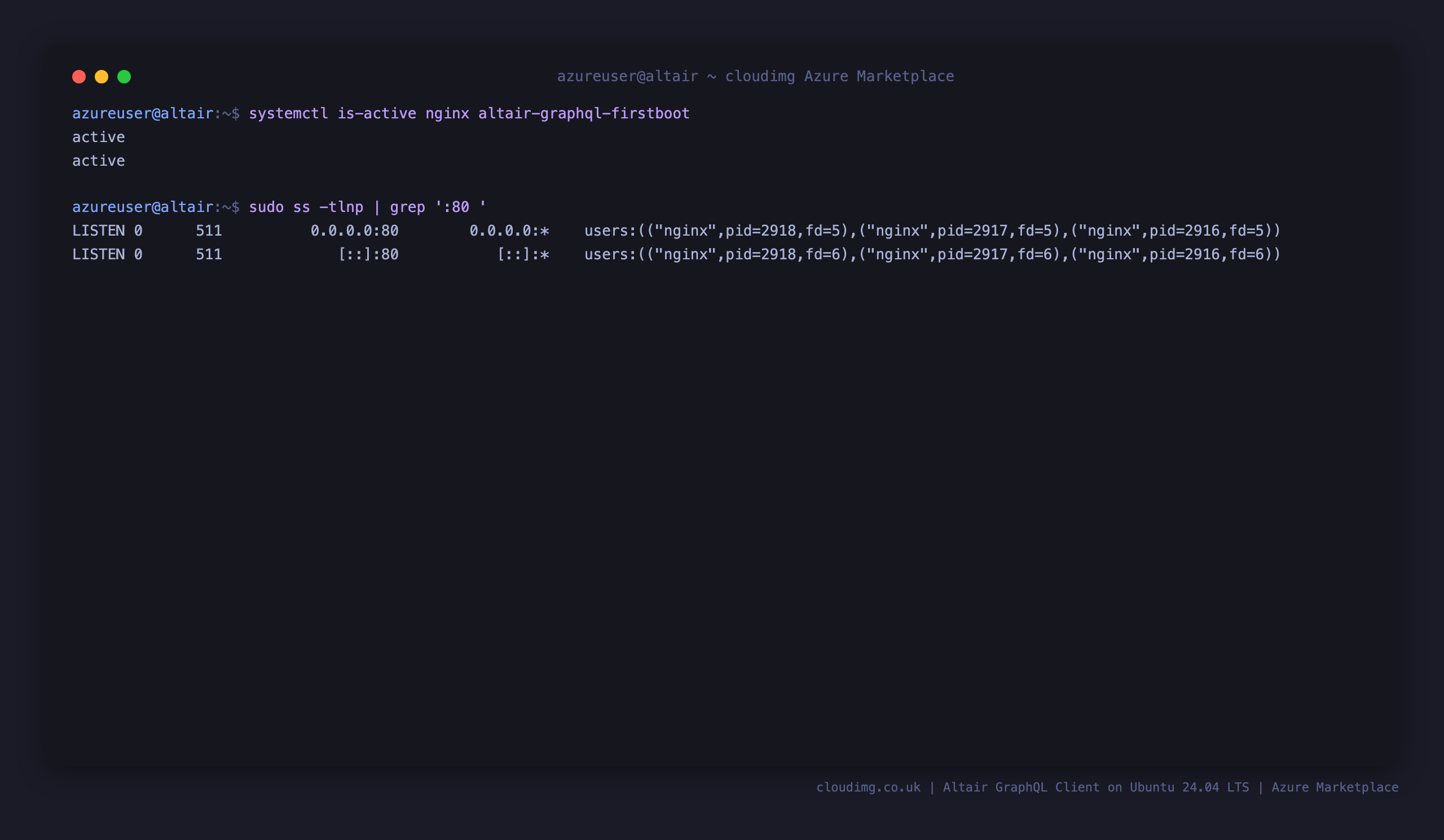 nginx and altair-graphql-firstboot both active, with nginx listening on port 80