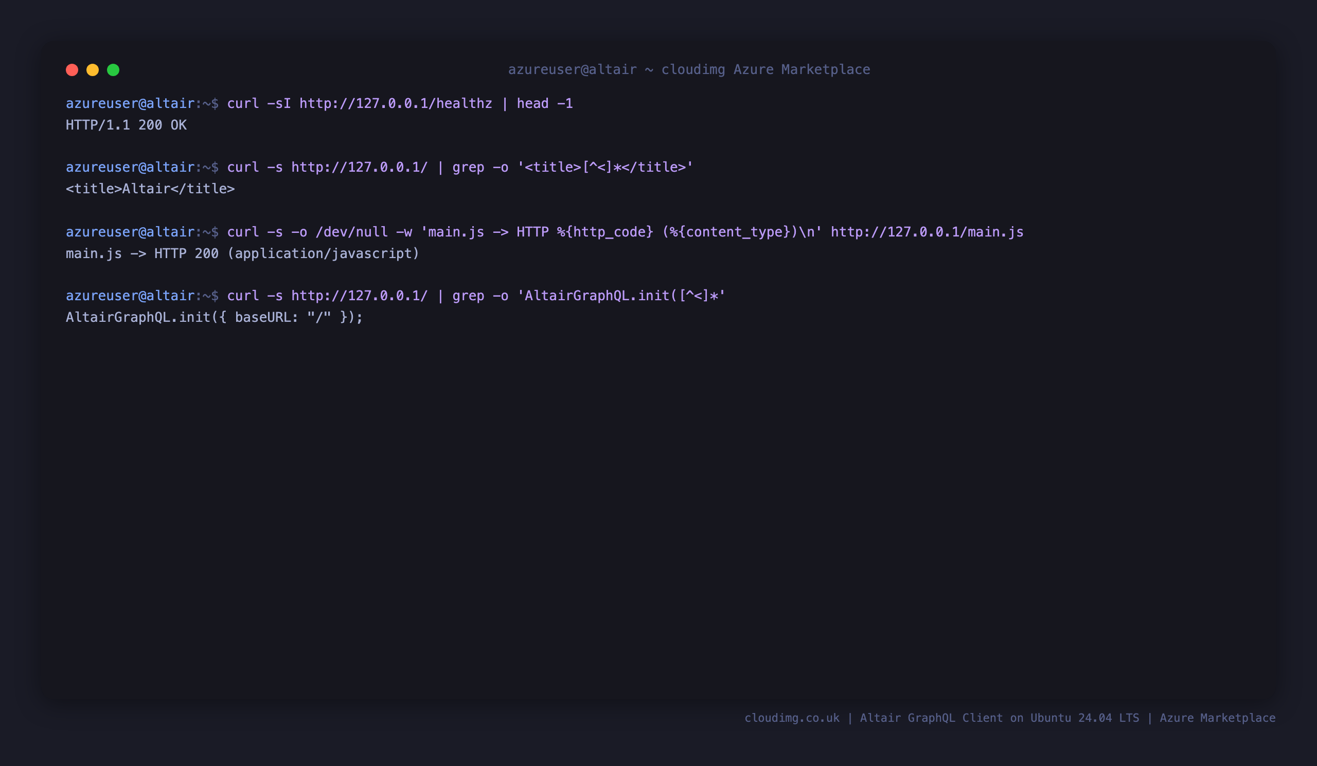 The healthz endpoint returning 200, the Altair page title, the JavaScript module returning 200 with a JavaScript MIME type, and the AltairGraphQL.init bootstrap call